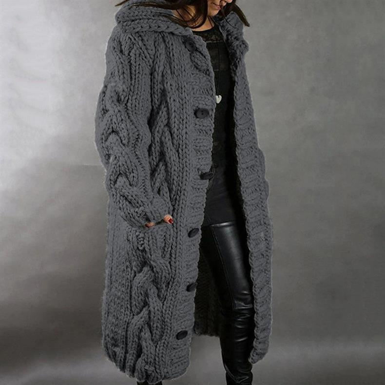 Women's Hooded Cable Knit Longline Coat - Dark Grey