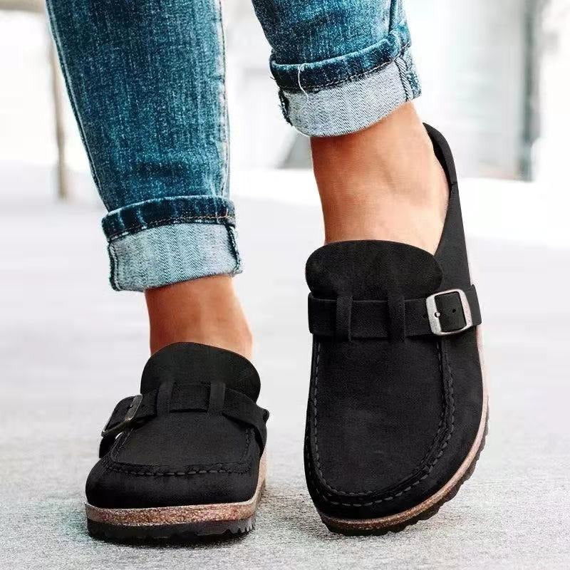Women's Suede Buckle Strap Cork Sole Slip On Casual Loafer Black
