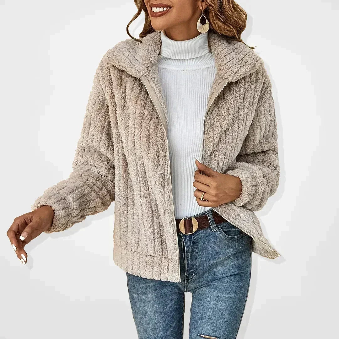 Women's Plush Knit Fold-Over Collar Cardigan - Beige