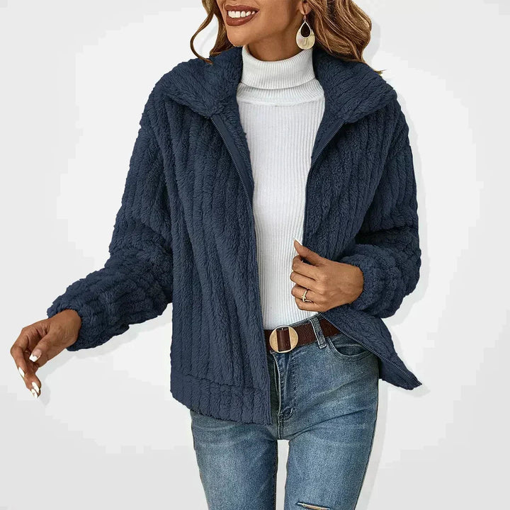 Women's Plush Knit Fold-Over Collar Cardigan - Navy Blue