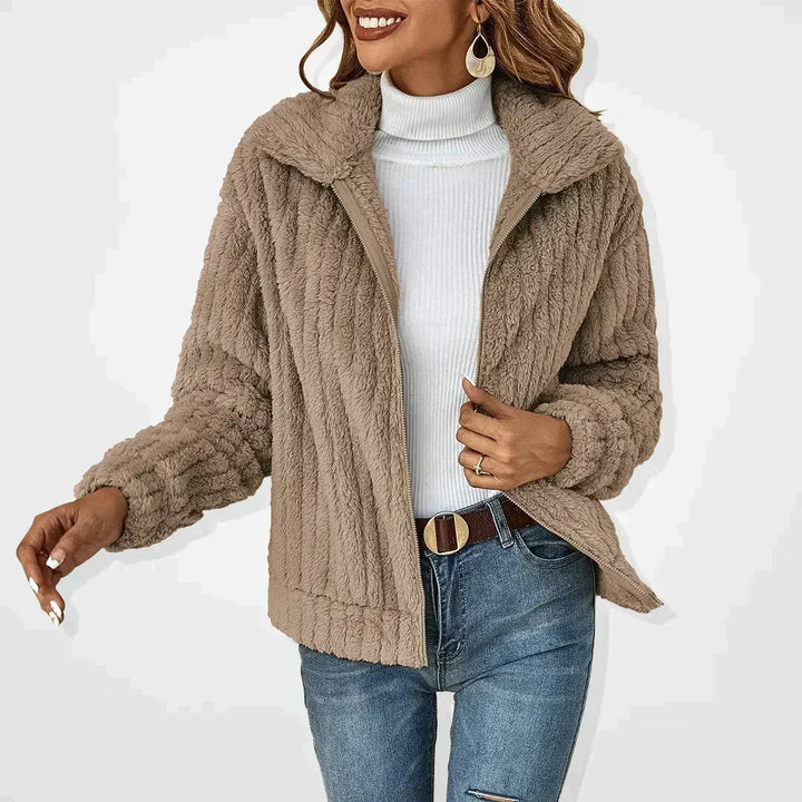 Women's Plush Knit Fold-Over Collar Cardigan - Khaki