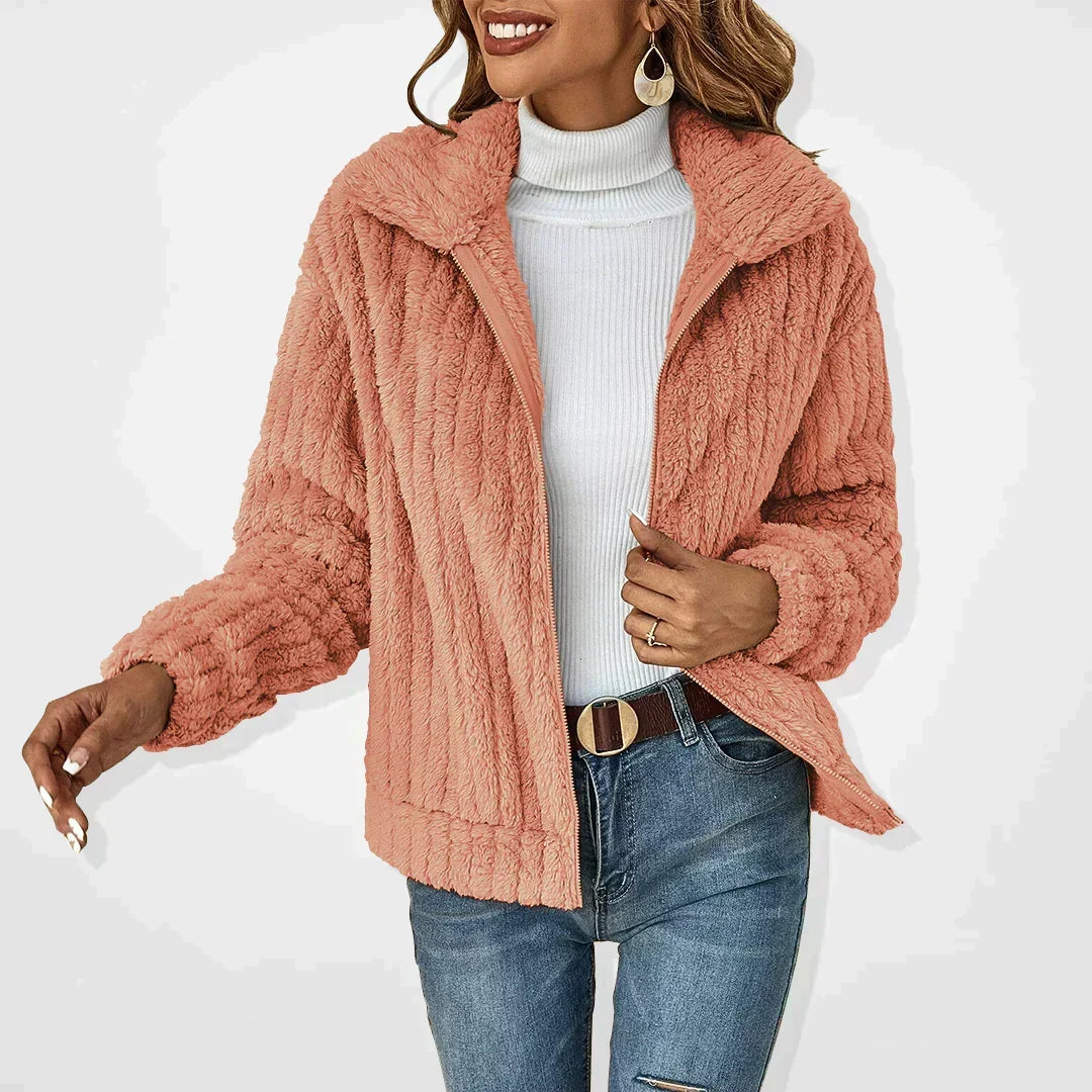 Women's Plush Knit Fold-Over Collar Cardigan - Pink