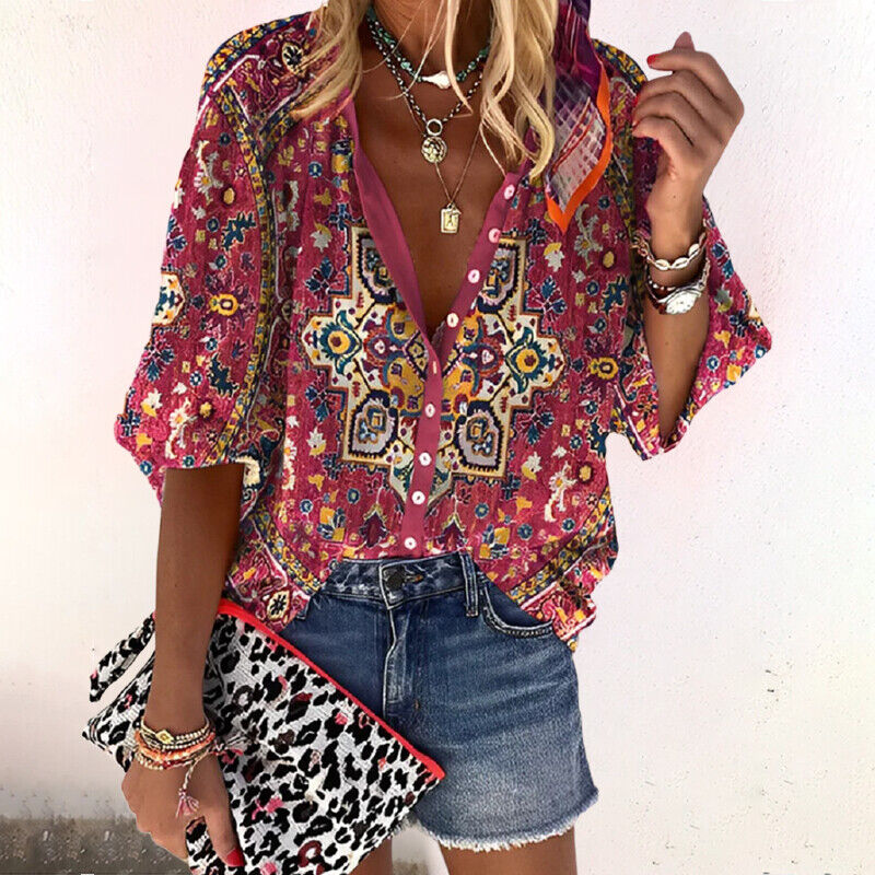 Boho Print V-Neck Blouse
