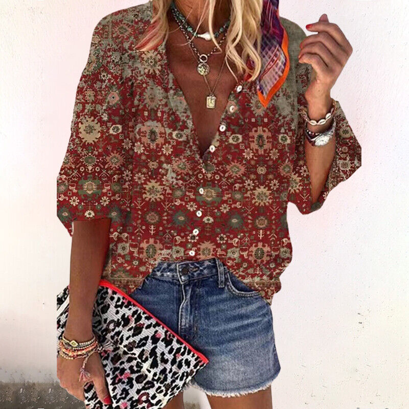 Boho Print V-Neck Blouse