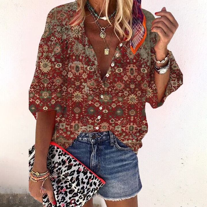 Boho Print V-Neck Blouse