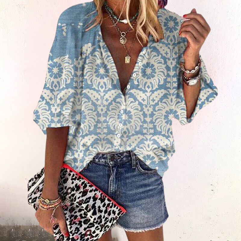 Boho Print V-Neck Blouse