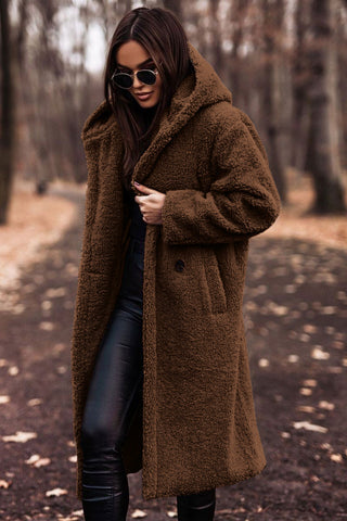Women's longline hooded teddy coat in brown