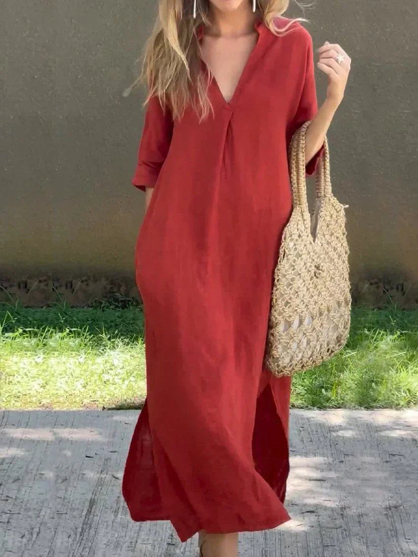 V-Neck Linen Blend Relaxed Maxi Dress - Red