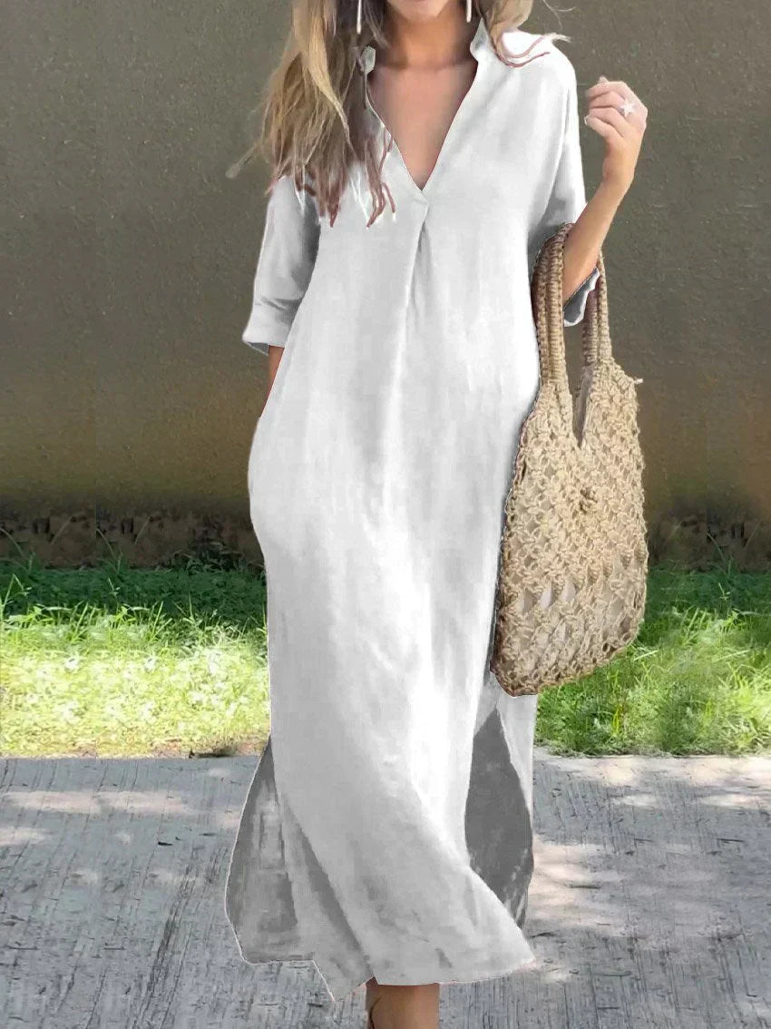 V-Neck Linen Blend Relaxed Maxi Dress - White
