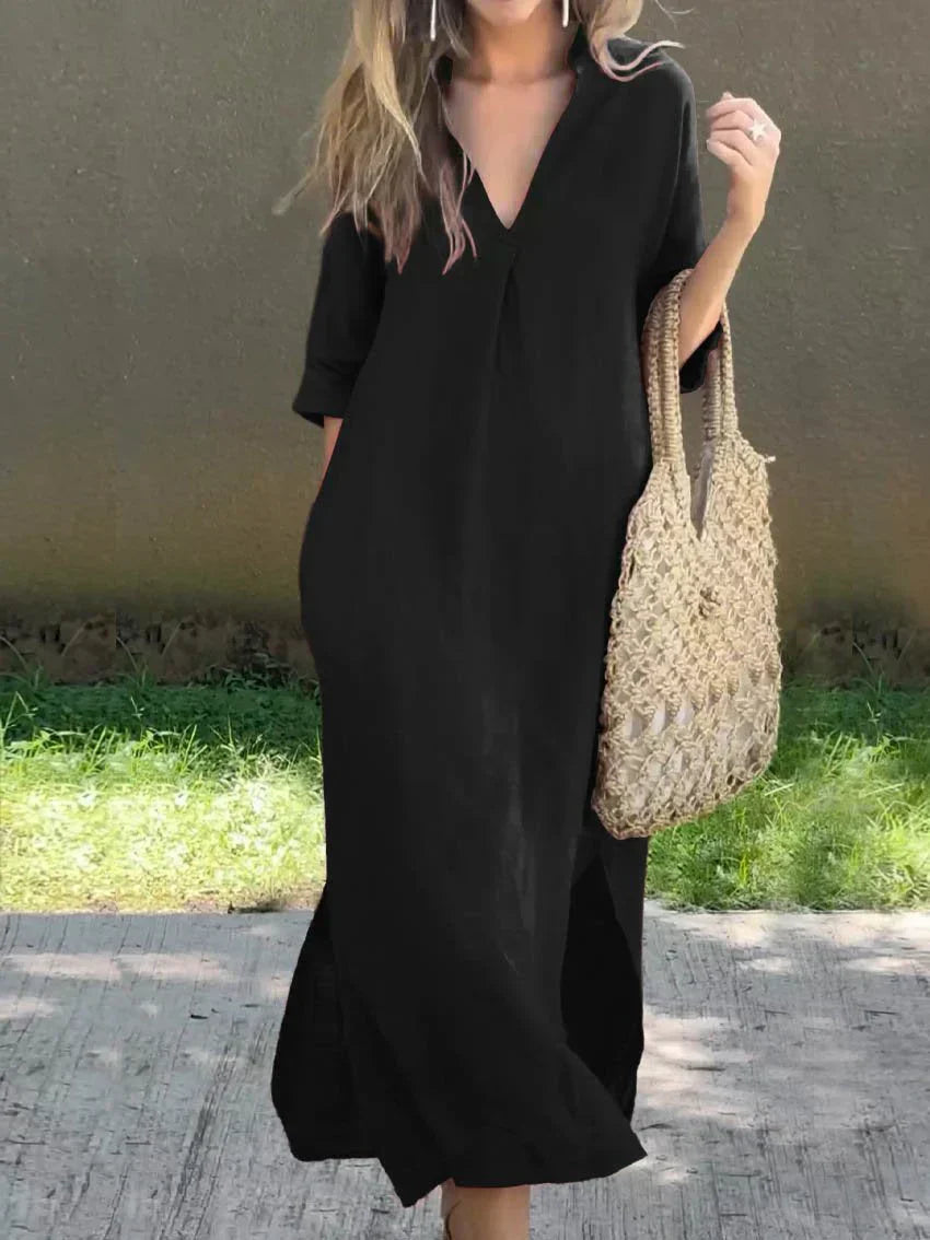 V-Neck Linen Blend Relaxed Maxi Dress - Black