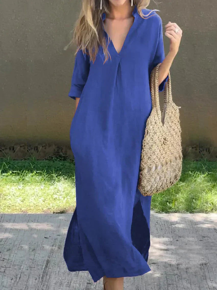 V-Neck Linen Blend Relaxed Maxi Dress - Blue