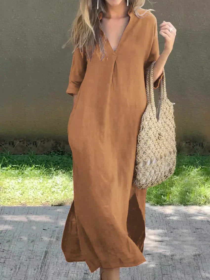 V-Neck Linen Blend Relaxed Maxi Dress - Brown