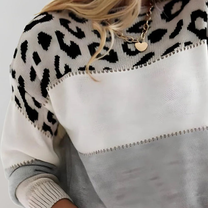 Grey leopard color block knit sweater women detail