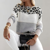 Women's Leopard Print Color Block Knit Fall Sweater