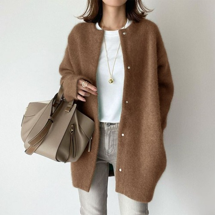 Women's fall knit cardigan jacket with side pockets in caramel