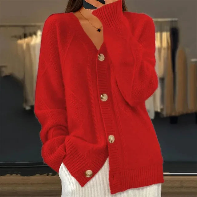 Women's soft knit V-neck button cardigan in red