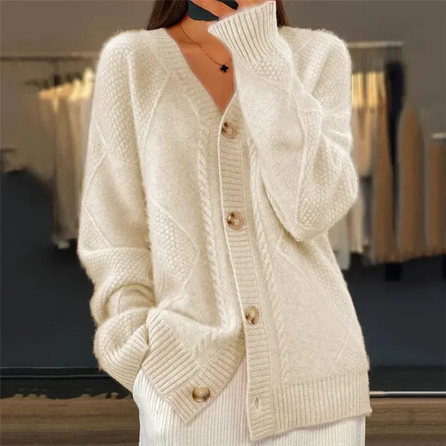 Women's soft knit V-neck button cardigan in grey