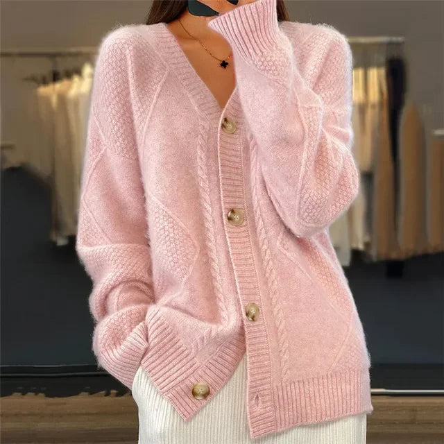 Women's soft knit V-neck button cardigan in pink