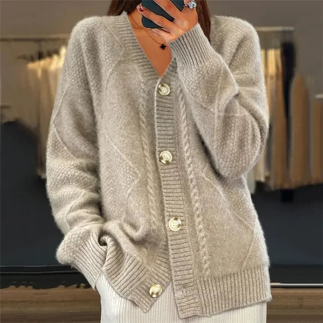 Women's soft knit V-neck button cardigan in beige