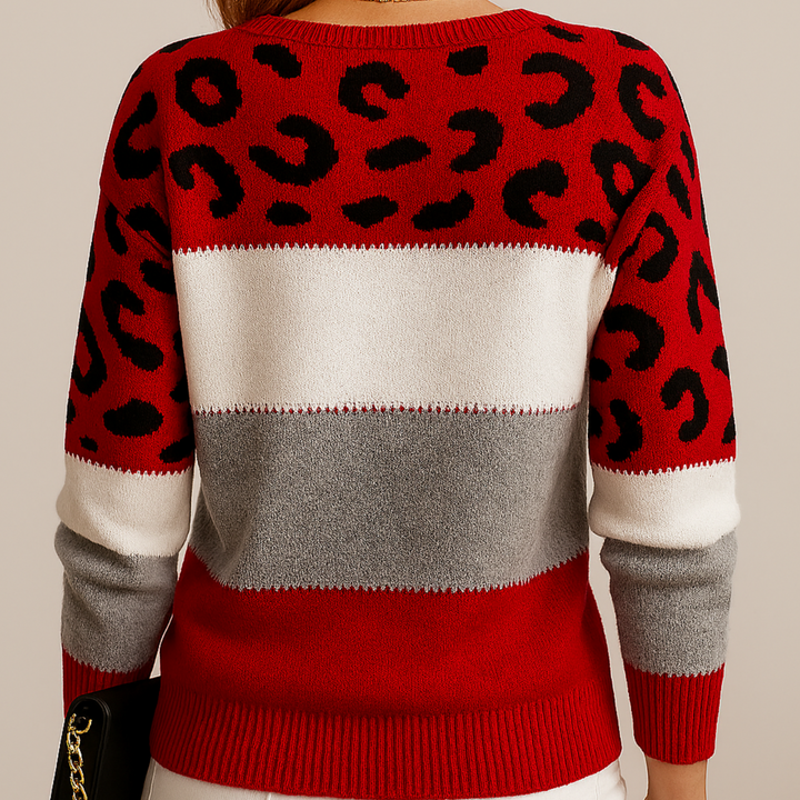 Red leopard color block knit sweater women