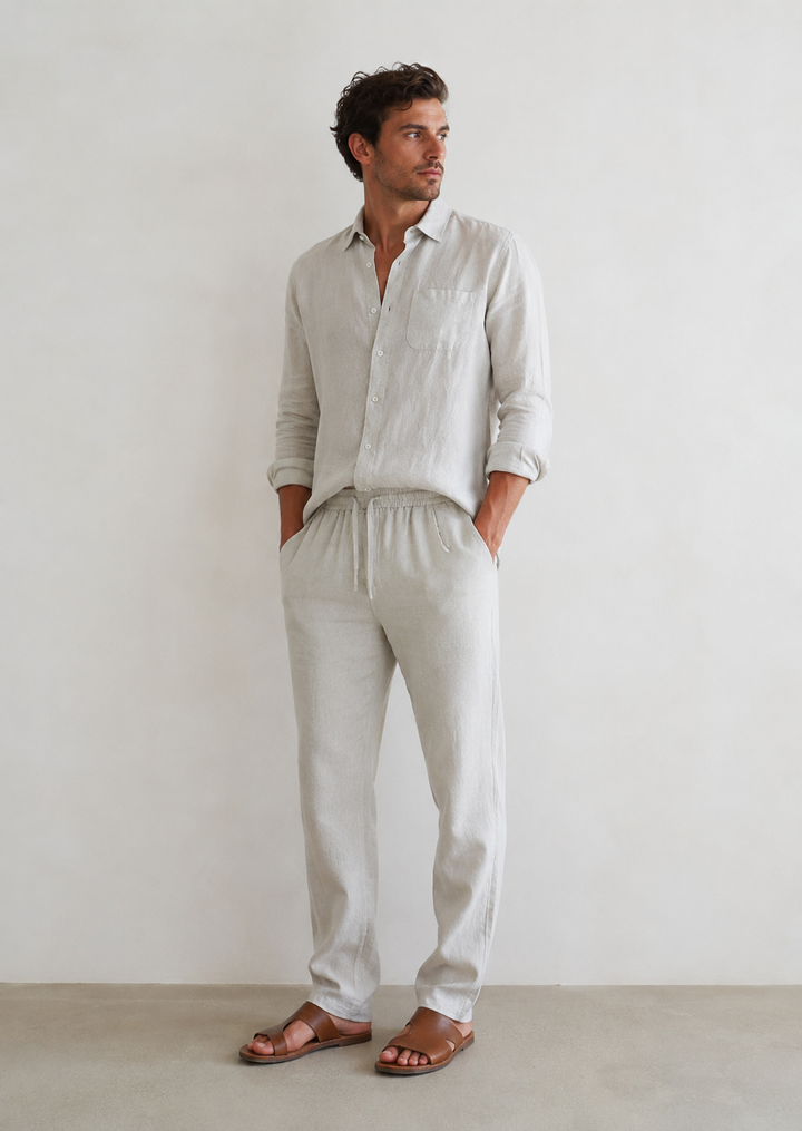 Beige Linen Longsleeve Summer Set