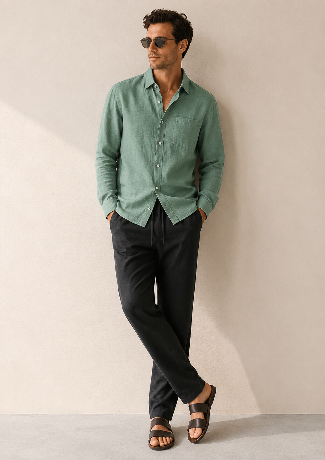Green & Black Linen Longsleeve Summer Set