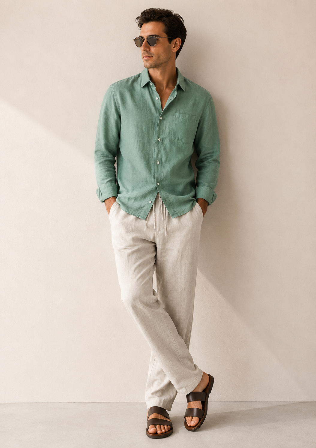Green & Beige Linen Longsleeve Summer Set