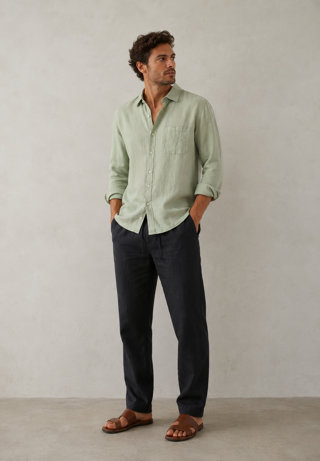 Mint Green & Black Linen Longsleeve Summer Set