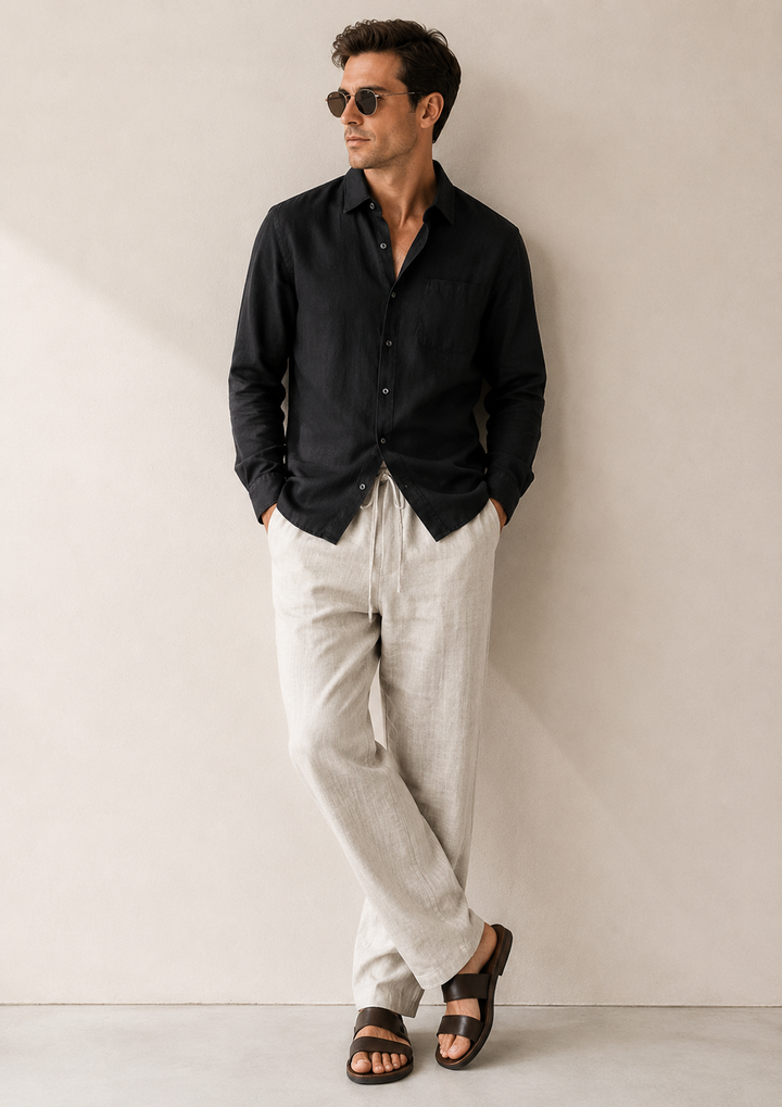 Black & Beige Linen Longsleeve Summer Set