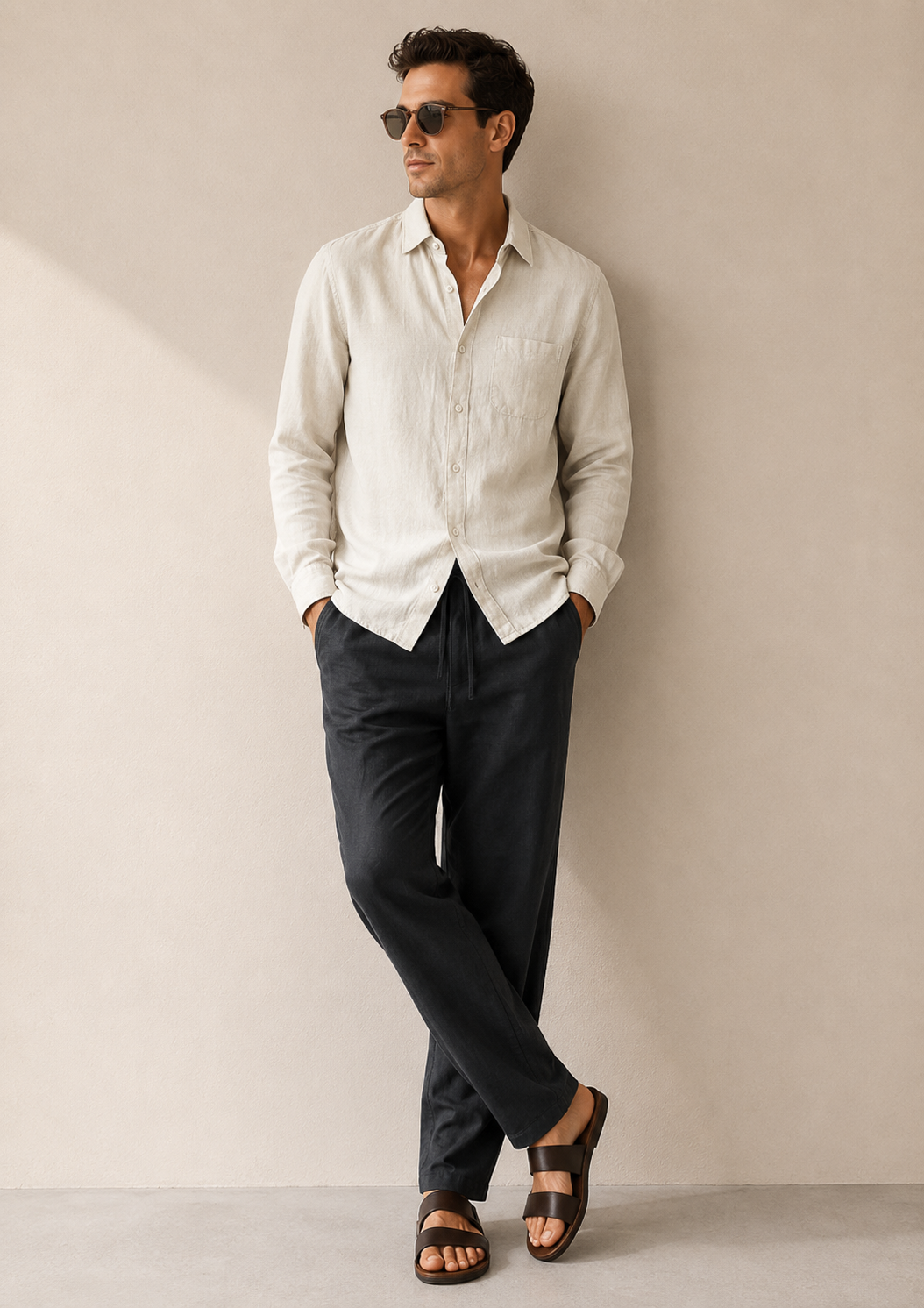 Beige & Black Linen Longsleeve Summer Set