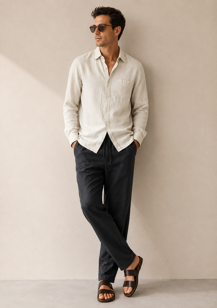 Beige & Black Linen Longsleeve Summer Set
