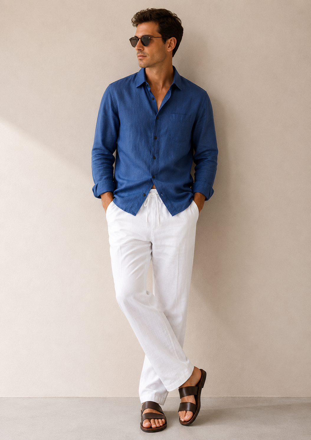 Navy Blue & White Linen Longsleeve Summer Set