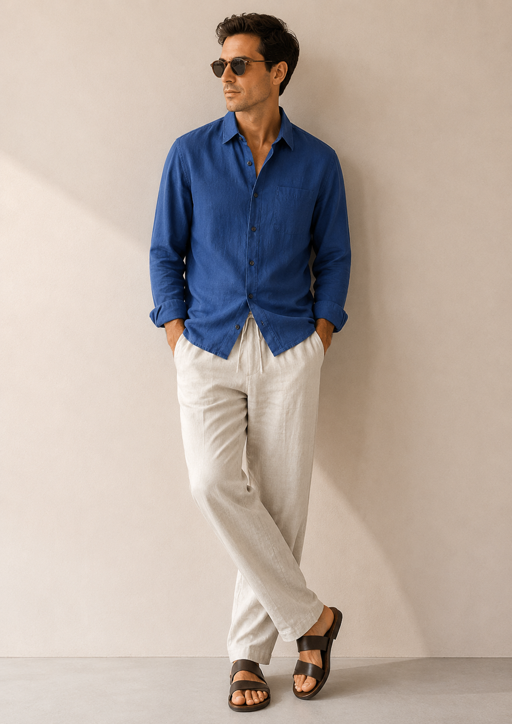 Navy Blue & Beige Linen Longsleeve Summer Set