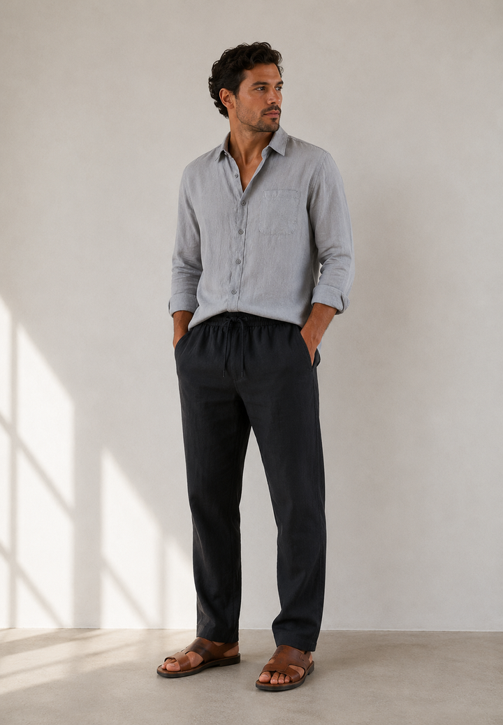 Gray & Black Linen Longsleeve Summer Set