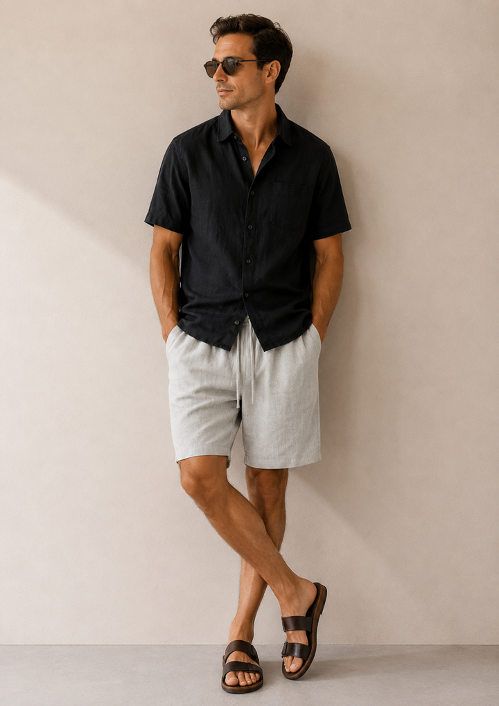 Black & Beige Linen Shortsleeve Summer Set