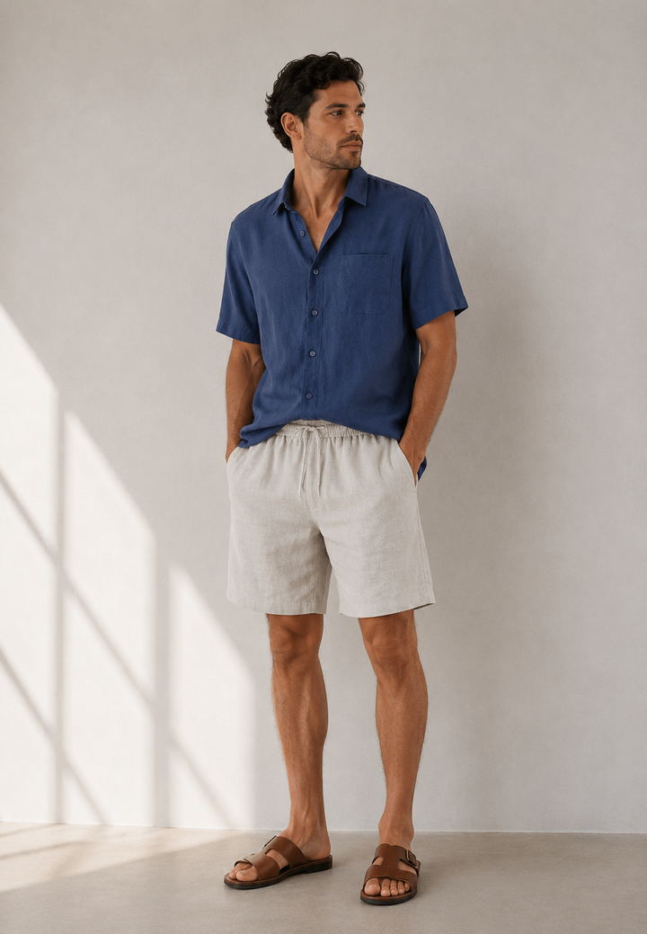 Navy Blue & Beige Linen Shortsleeve Summer Set