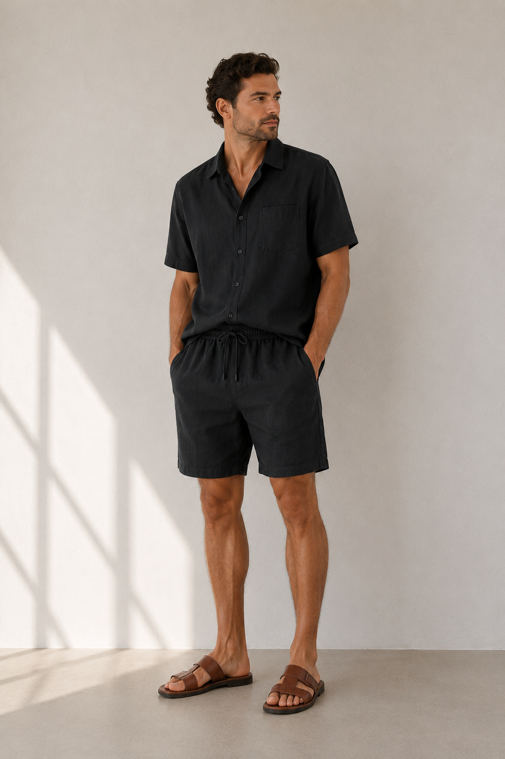 All Black Linen Shortsleeve Summer Set