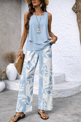 Women's Sky Blue Blossom Print Sleeveless Top & Wide-Leg Pants Set