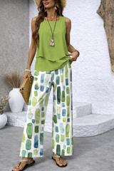 Women's Abstract Print Sleeveless Top & Wide-Leg Pants Set