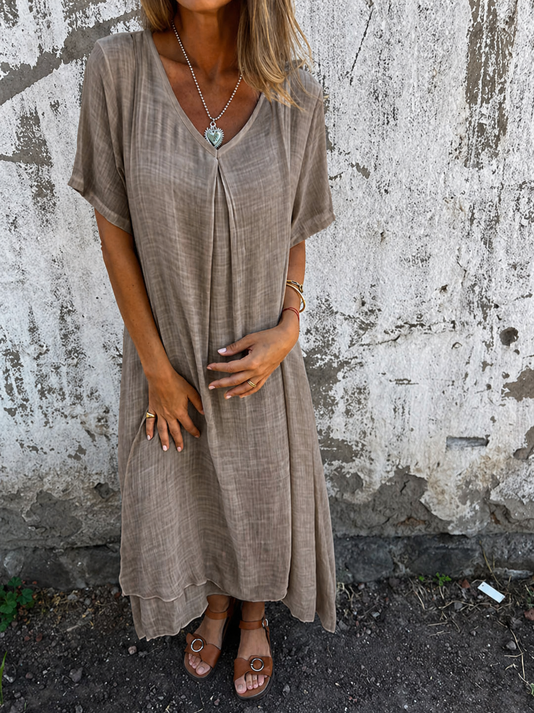 Loose V-Neck Summer Dress - Beige