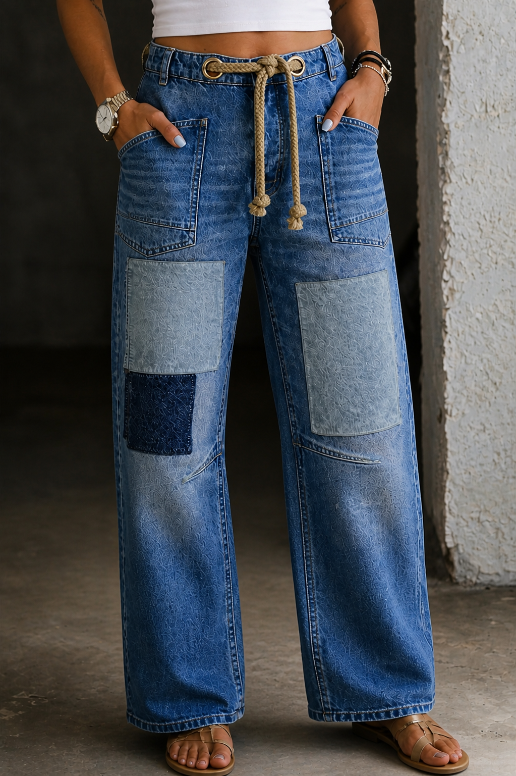 Women's patchwork drawstring wide leg jeans in blue