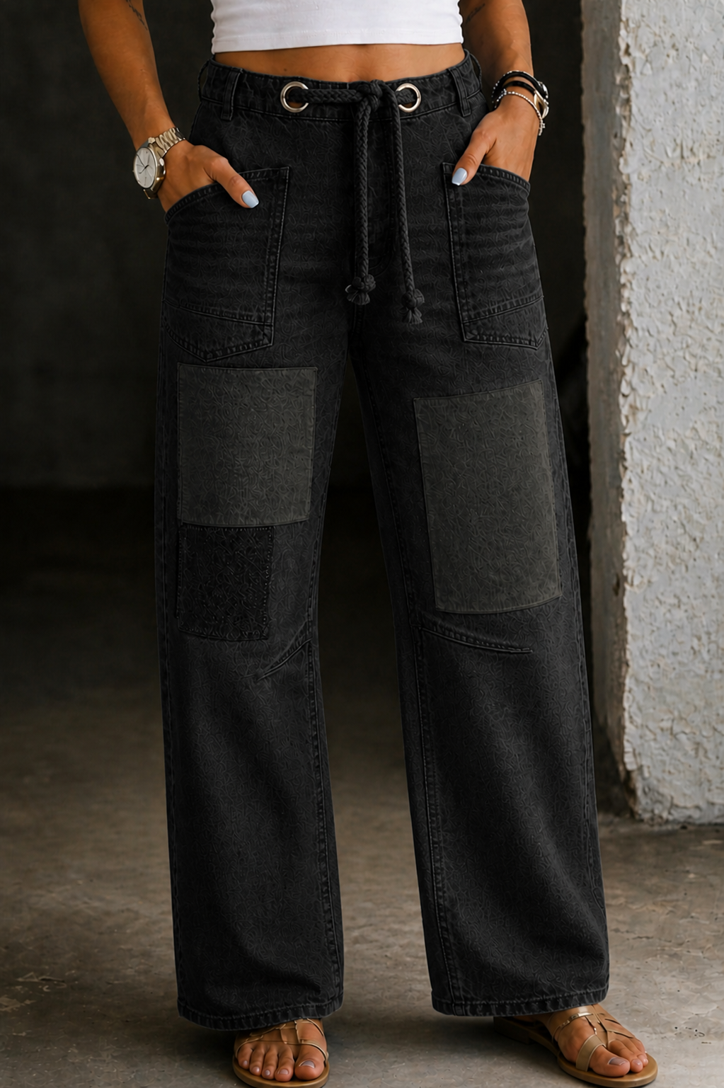 Women's patchwork drawstring wide leg jeans in black