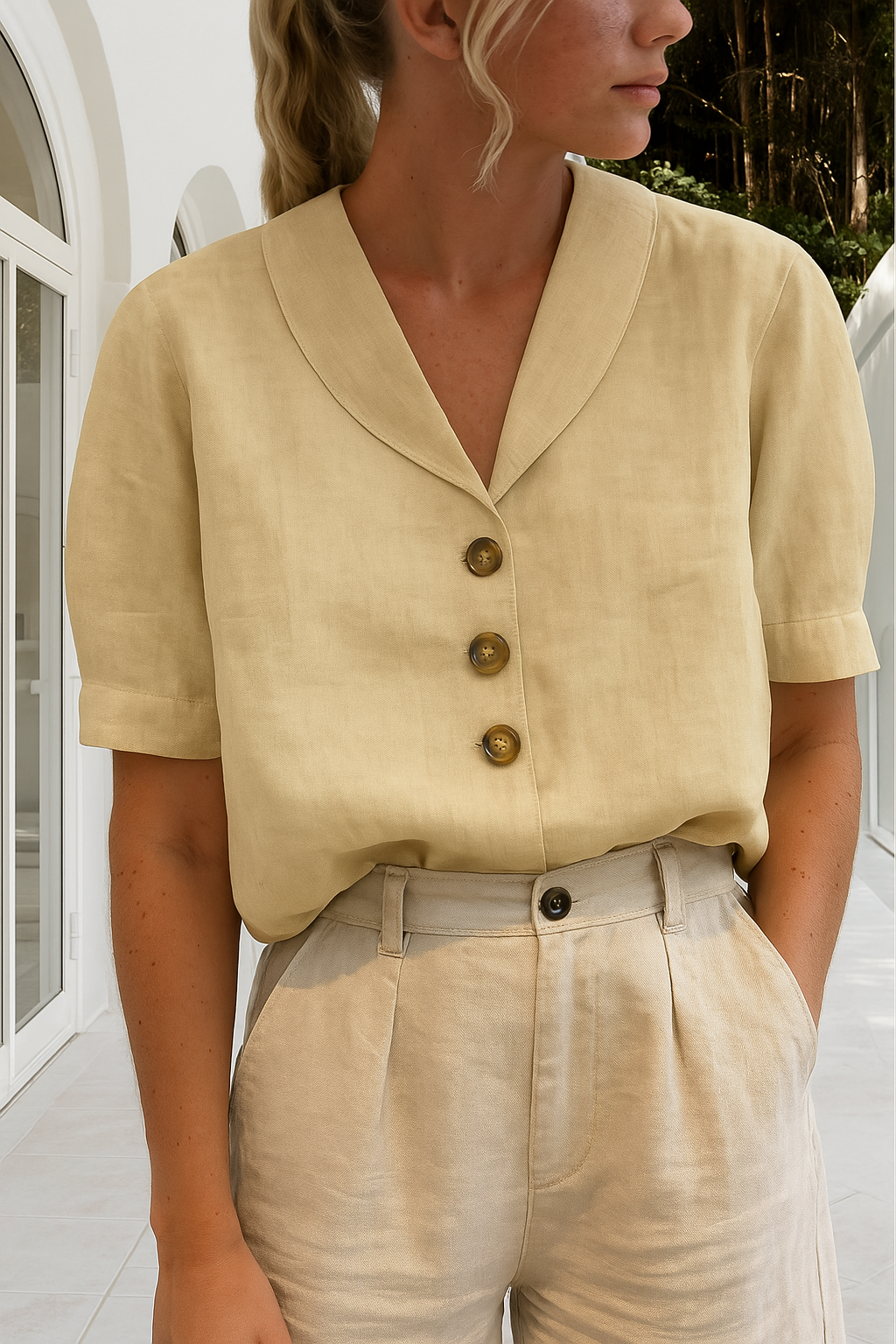 Elegant wrap-neck blouse in beige