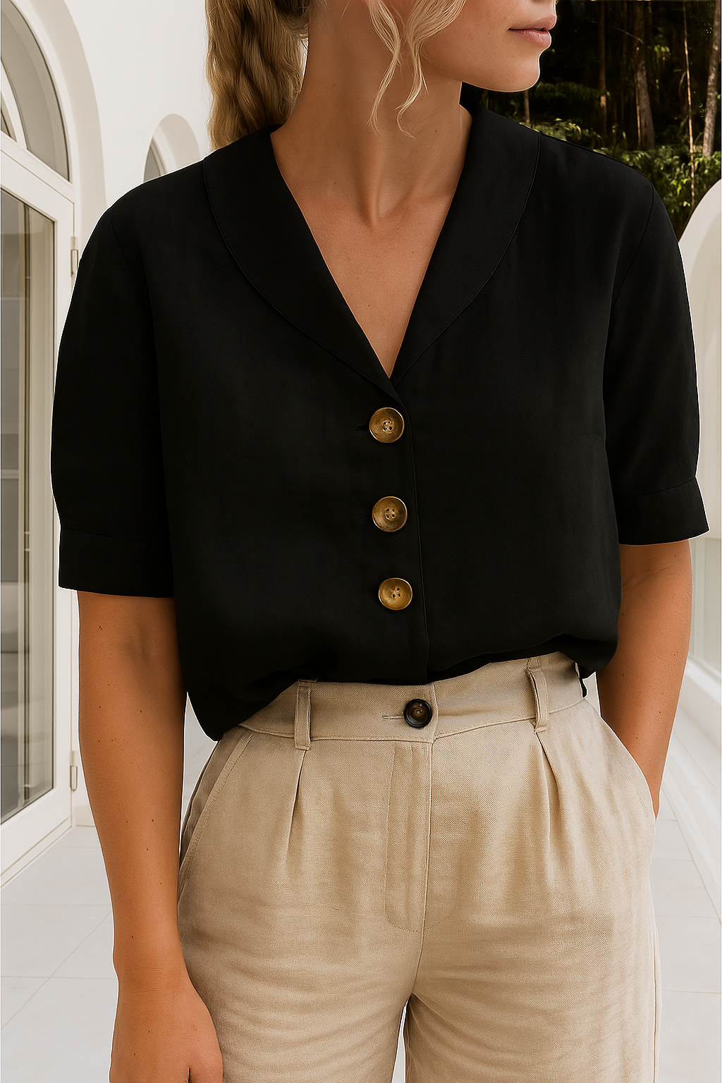 Elegant wrap-neck blouse in black