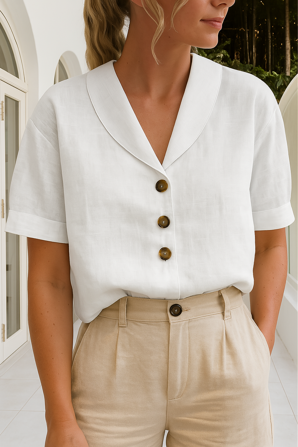 Elegant wrap-neck blouse in white