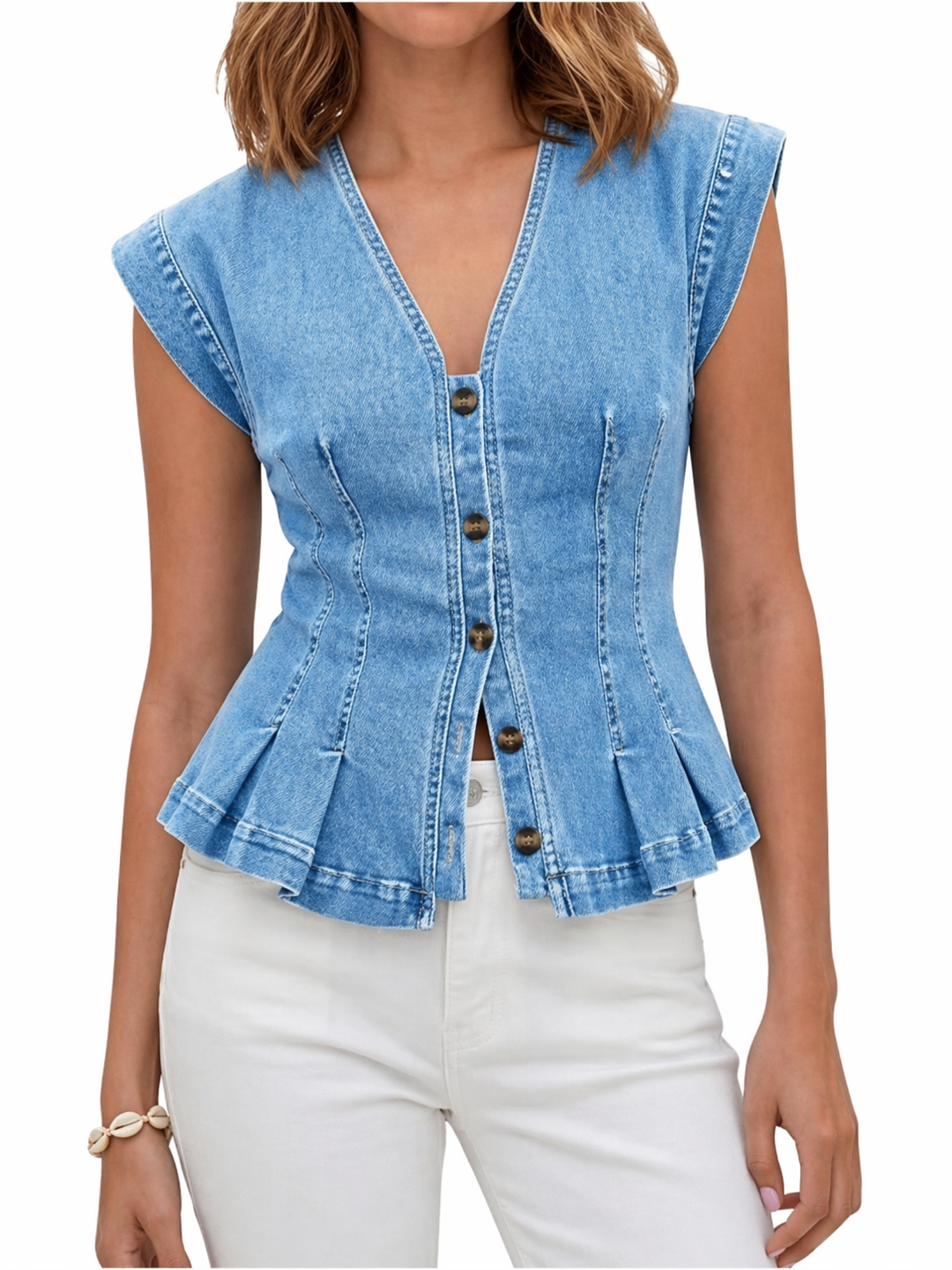 Denim Peplum Vest Top Light Blue