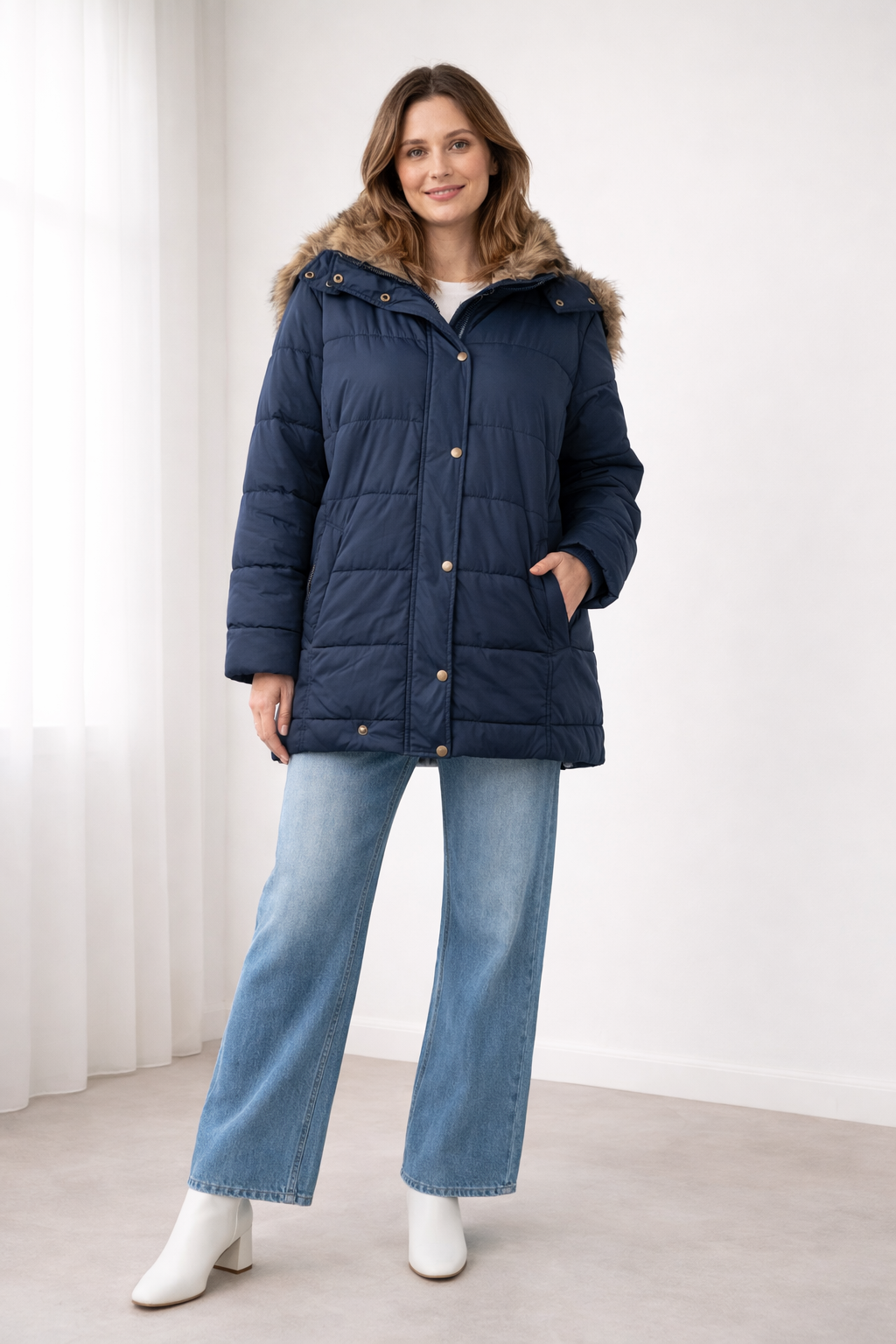 Women's oversized quilted snap-front jacket with hood in blue
