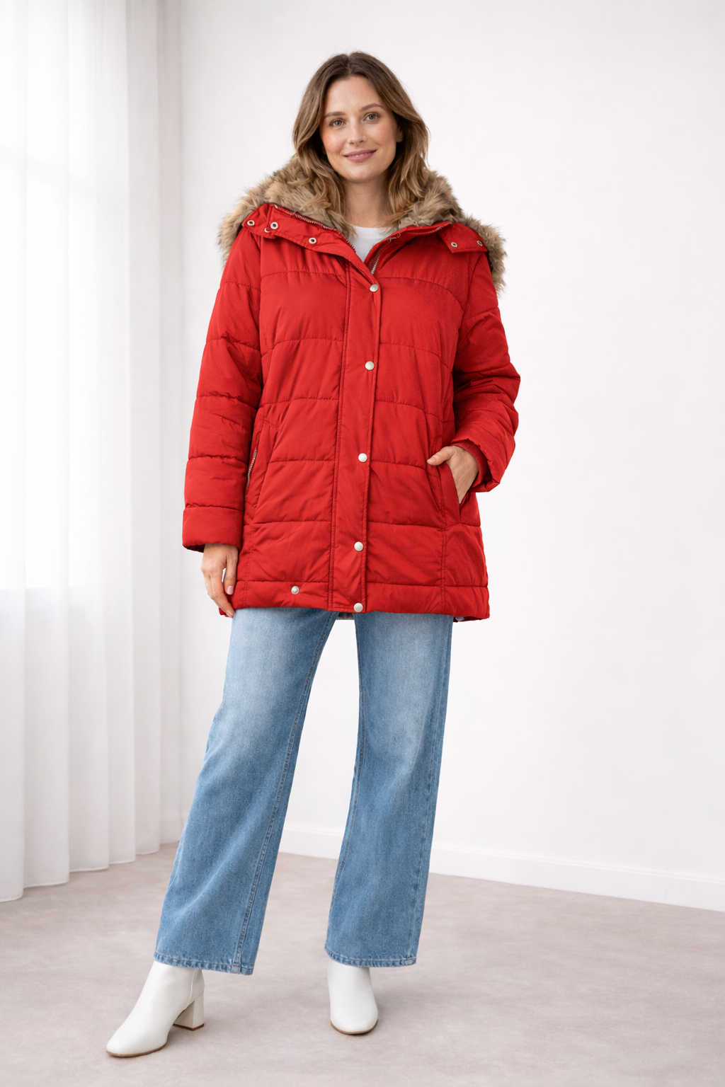 Women's oversized quilted snap-front jacket with hood in red