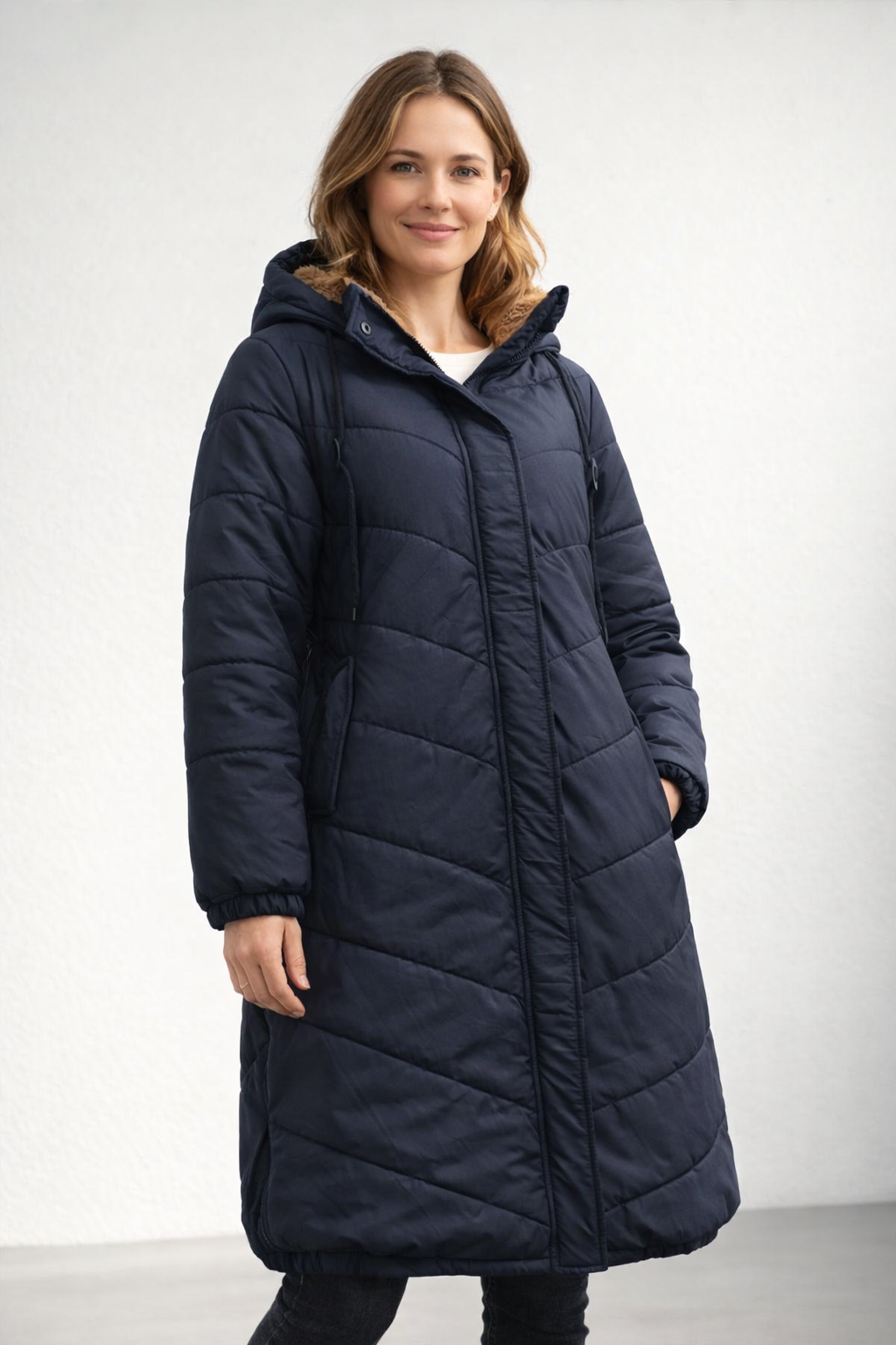 Women's longline hooded quilted winter coat in black