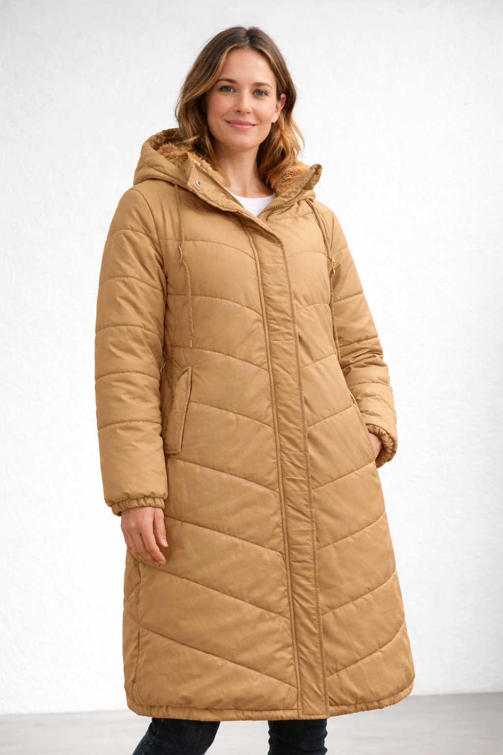 Women's longline hooded quilted winter coat in yellow